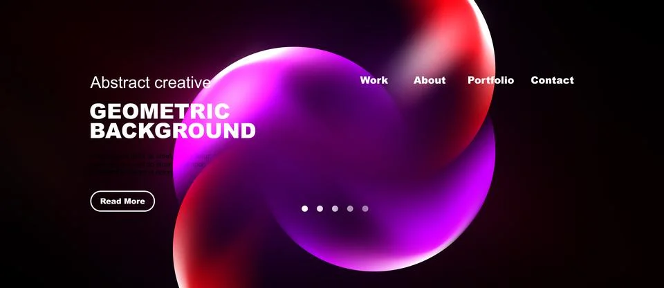 Dark background features vibrant abstract shapes, text elements, navigation.. Stock Illustration