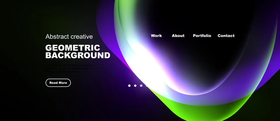 Dark background features vibrant abstract shapes. Text includes geometric Stock Illustration