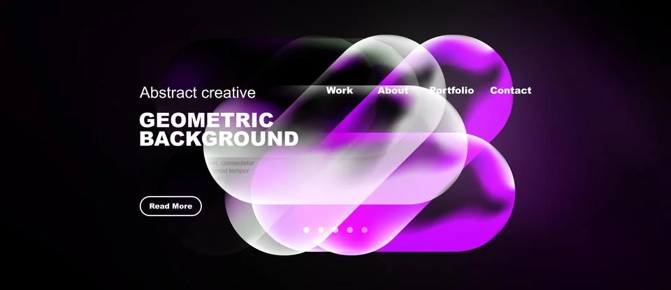 Dark background features vibrant abstract shapes, text elements, navigation.. Stock Illustration