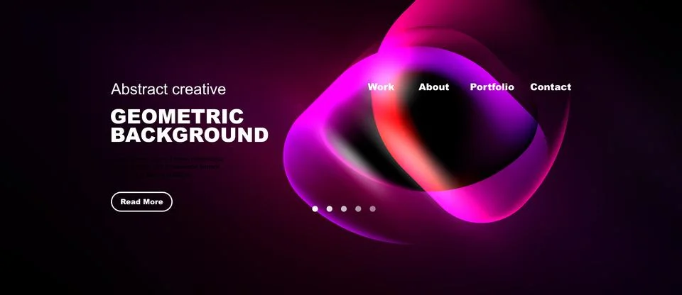 Dark background features vibrant abstract shapes, text elements, navigation Stock Illustration