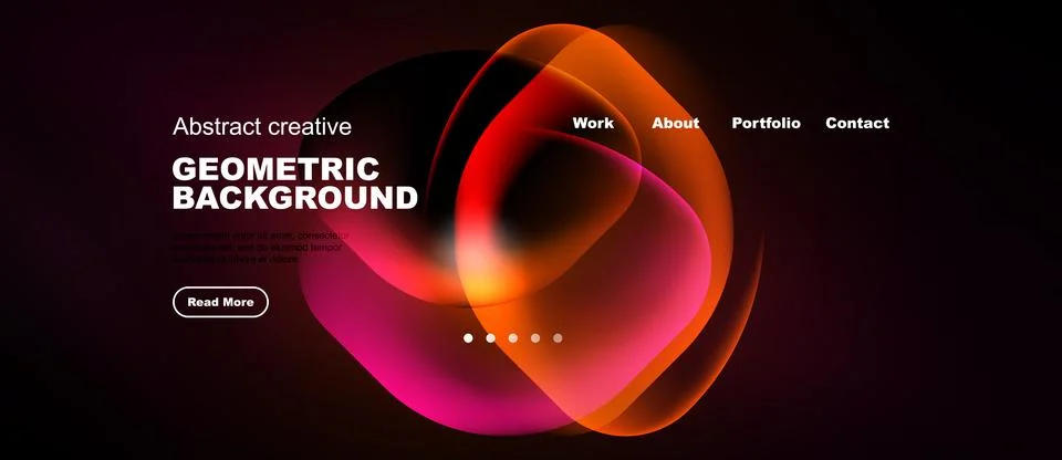 Dark background features vibrant abstract shapes, text elements, navigation.. Illustrazione stock