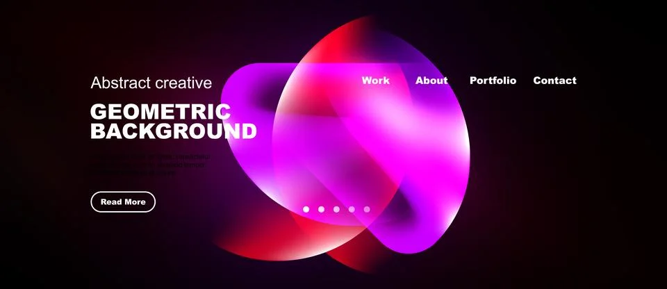 Dark background features vibrant abstract shapes, text elements, navigation.. Illustrazione stock
