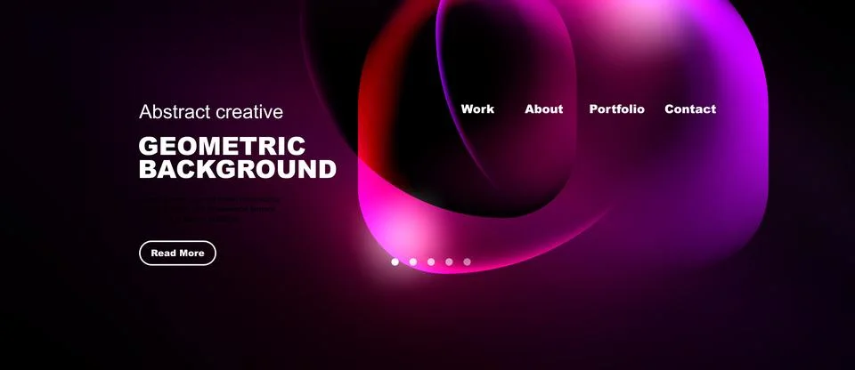 Dark background features vibrant abstract shapes, text elements, navigation Stock Illustration