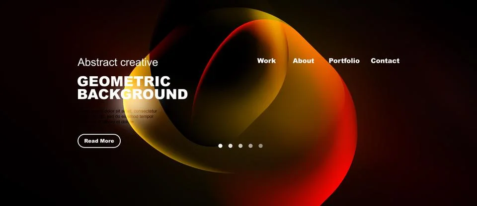 Dark background features vibrant abstract shapes, text elements, navigation.. Stock Illustration