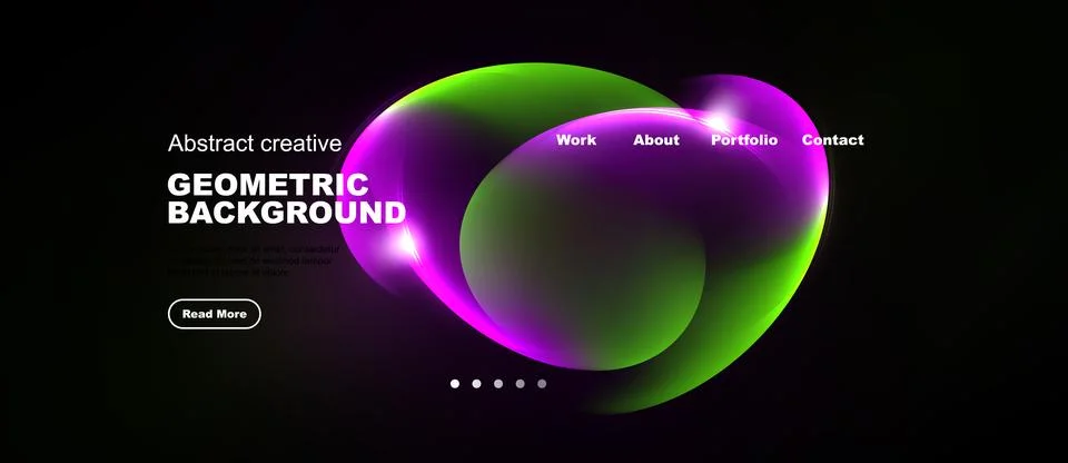 Dark background features vibrant abstract shapes, text elements, navigation Stock Illustration