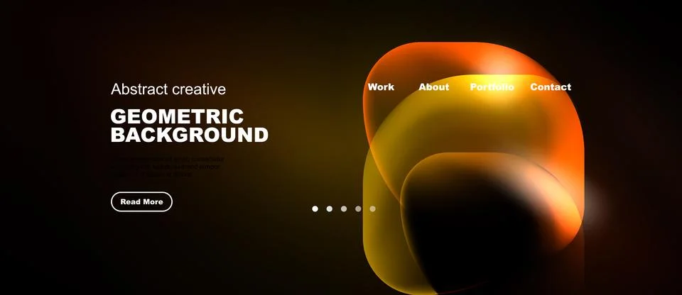 Dark background features vibrant abstract shapes, text elements, navigation.. Illustrazione stock