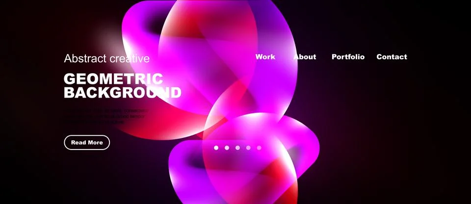 Dark background features vibrant abstract shapes, text elements, navigation.. Stockillustratie