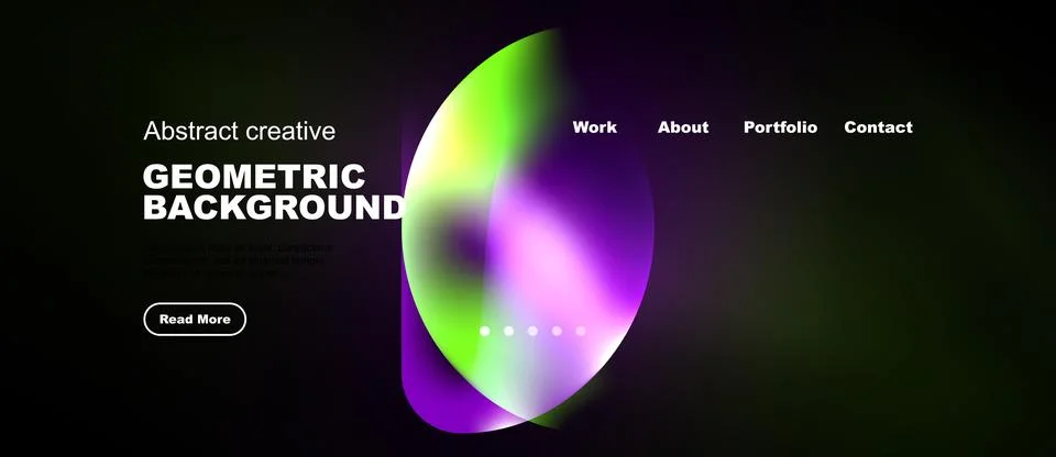 Dark background features vibrant abstract shapes, text elements, navigation Stockillustratie