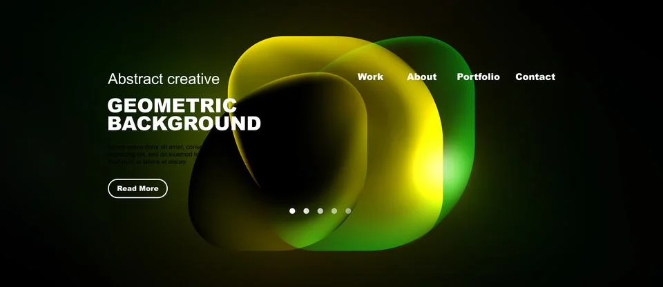 Dark background features vibrant abstract shapes, text elements, navigation.. Stockillustratie