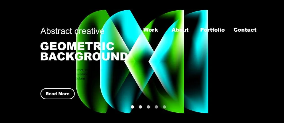 Dark background features vibrant abstract shapes, text elements, navigation.. Stock Illustration