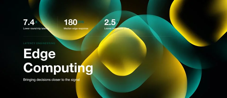 Dark background features vibrant abstract shapes, text promoting edge compu.. Stock Illustration