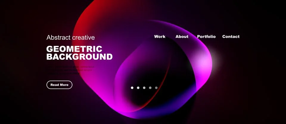 Dark background features vibrant abstract shapes. Text highlights geometric Иллюстрация