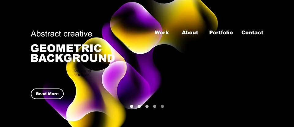 Dark background features vibrant abstract shapes, text elements, navigation.. Stock-Illustration