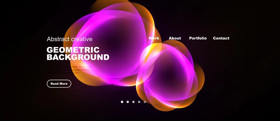 Dark background features vibrant abstract shapes, text elements, navigation.. Stockillustratie