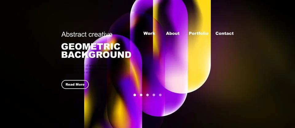 Dark background features vibrant abstract shapes, text elements, navigation.. Stock Illustration