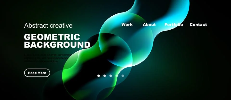 Dark background features vibrant abstract shapes, text elements, navigation.. Stock Illustration
