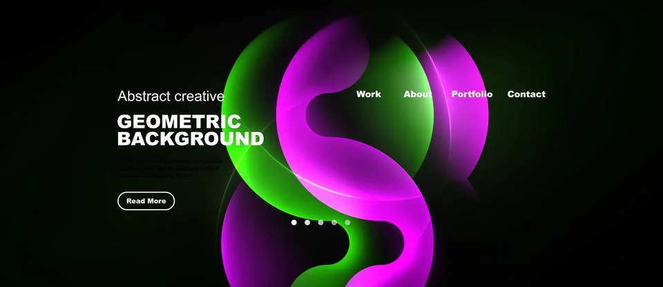 Dark background features vibrant abstract shapes, text elements, navigation Stock Illustration