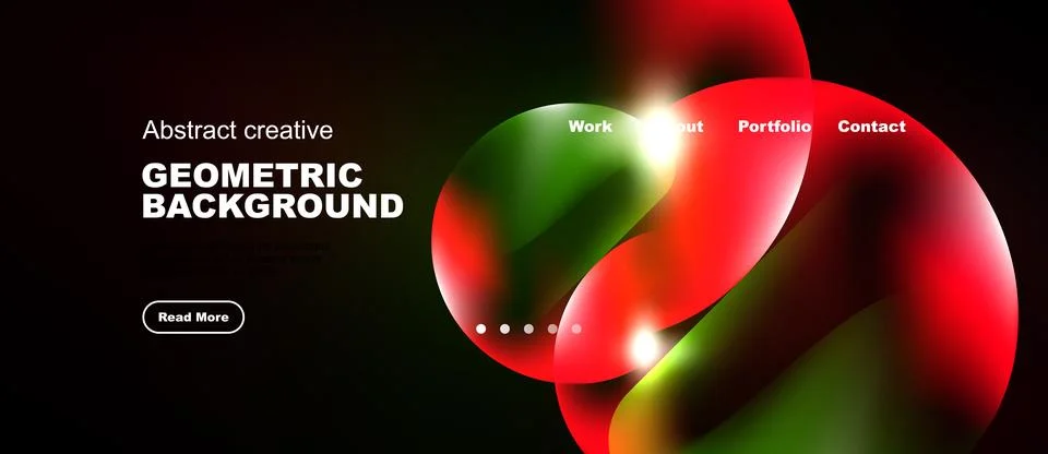 Dark background features vibrant abstract shapes, text elements, navigation Stock Illustration