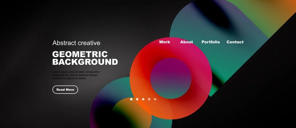 Dark background features vibrant abstract shapes, text elements, navigation.. Stock Illustration