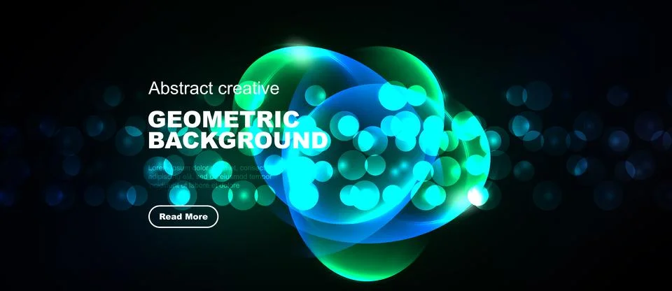 Dark background features vibrant blue, green circles. Text reads geometric Illustrazione stock