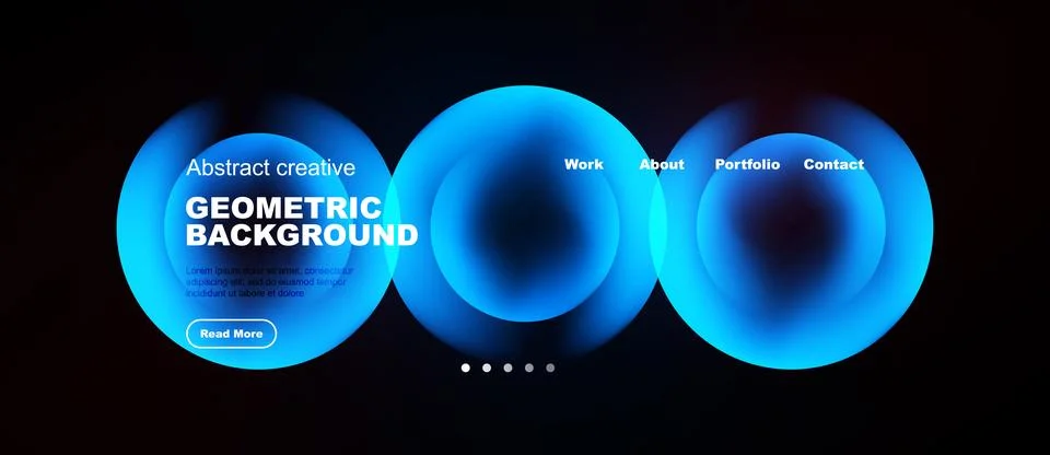 Dark background features vibrant blue geometric shapes, text elements, Stock Illustration