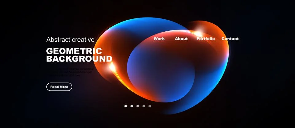 Dark background features vibrant blue, red shapes. Menu options present work, Stock Illustration
