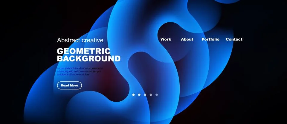Dark background features vibrant blue geometric shapes. Website header includ Stock Illustration