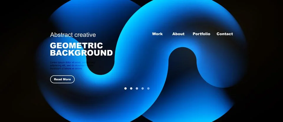 Dark background features vibrant blue abstract shapes, website navigation Illustrazione stock