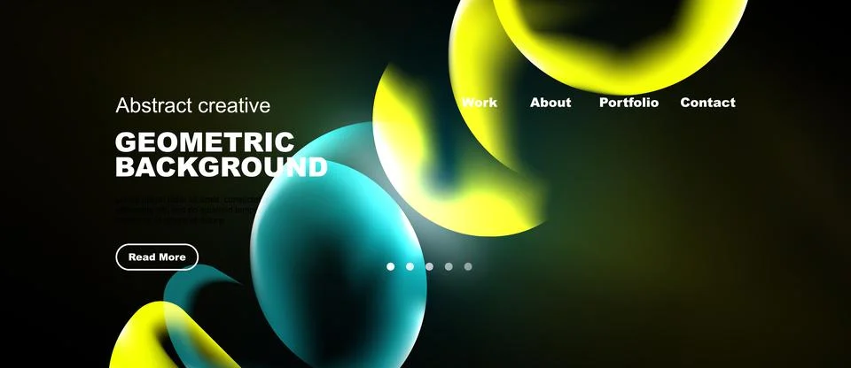 Dark background features vibrant blue, yellow shapes. Website header includes Stock Illustration