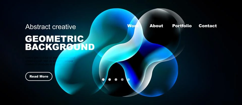 Dark background features vibrant blue geometric shapes. Website header includ 스톡 일러스트