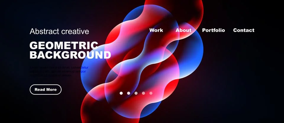 Dark background features vibrant blue, pink shapes. Website header includes Illustrazione stock