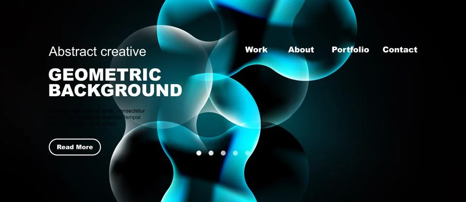 Dark background features vibrant blue abstract shapes. Website header include Stock Illustration