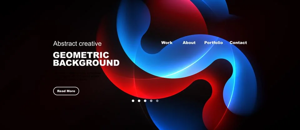 Dark background features vibrant blue, red shapes. Website header includes Stock Illustration