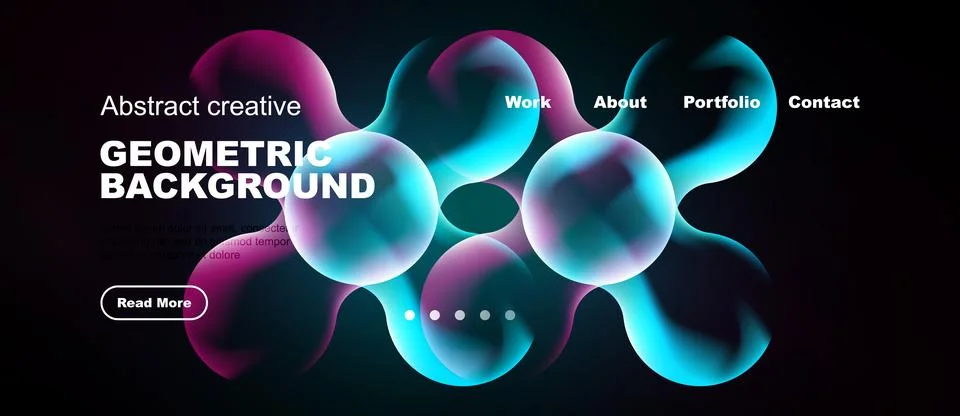Dark background features vibrant bubbles, text, navigation menu. Modern desig Illustrazione stock