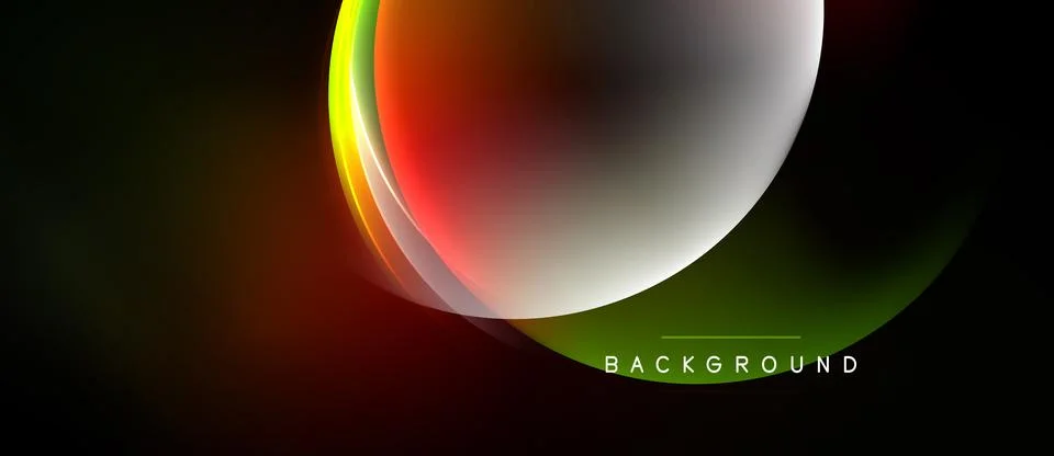 Dark background features vibrant curved lines, glowing semicircle. Modern d.. Illustrazione stock