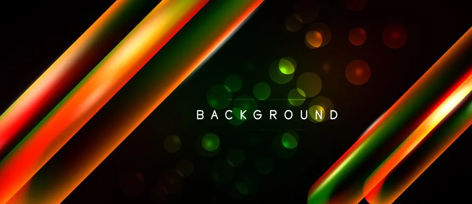 Dark background features vibrant diagonal lines, glowing orbs. Modern design, Stock Illustration
