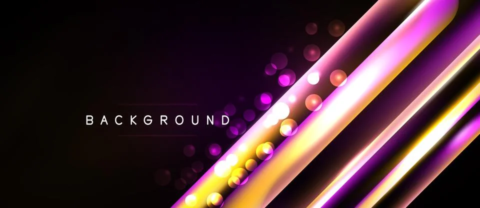 Dark background features vibrant diagonal lines, glowing orbs. Modern design, Stock Illustration