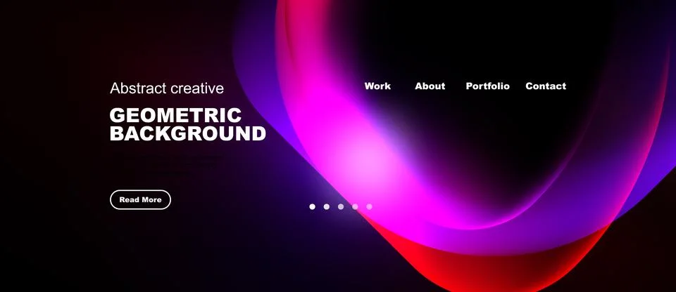 Dark background features vibrant, flowing shapes. Text elements include title Stock Illustration