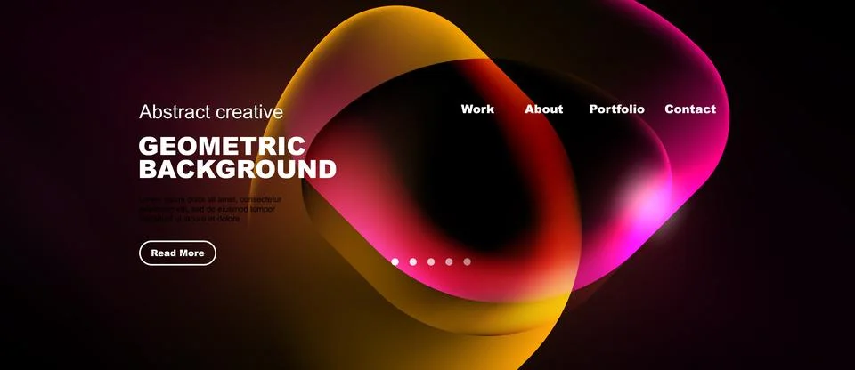 Dark background features vibrant, flowing shapes. Text overlays promote work, Stock Illustration