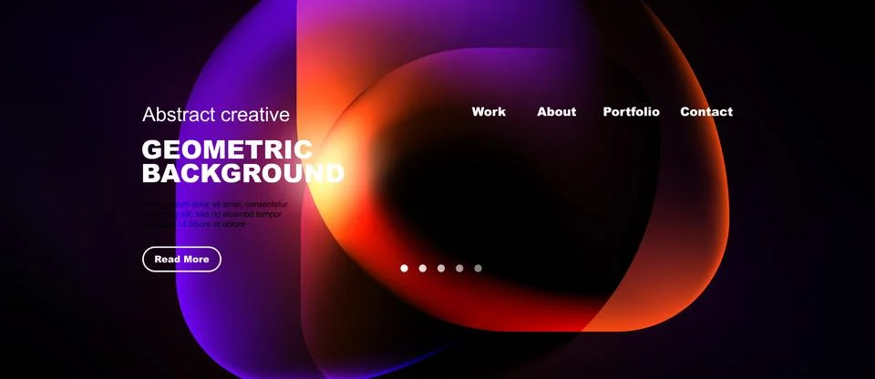Dark background features vibrant, flowing shapes. Text elements include title Illustrazione stock