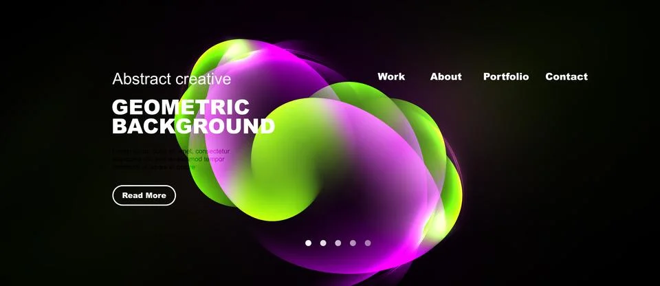 Dark background features vibrant, flowing shapes. Text elements include title Stock Illustration