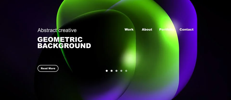 Dark background features vibrant, fluid shapes. Text includes geometric Stock Illustration