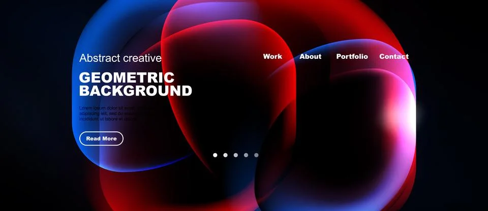 Dark background features vibrant fluid shapes, text elements, navigation menu Illustrazione stock