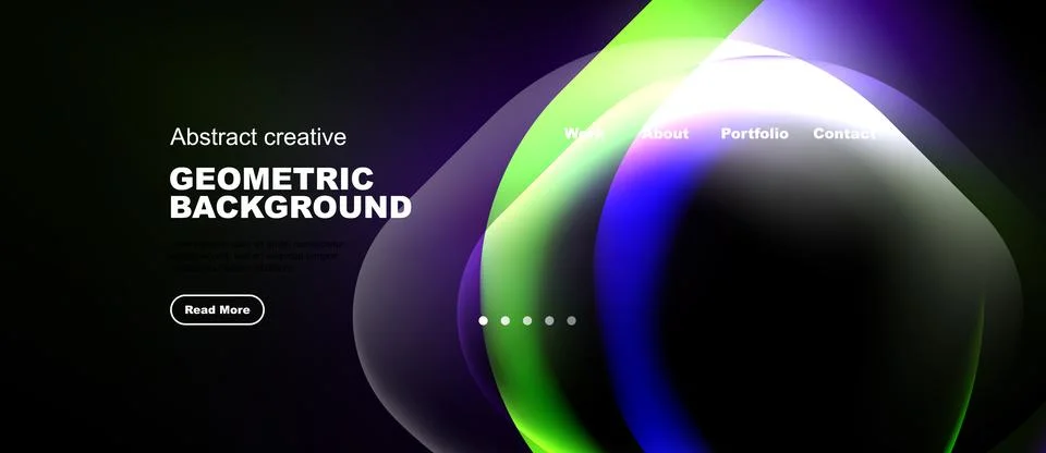 Dark background features vibrant fluid shapes, text, navigation menu. Modern Illustrazione stock
