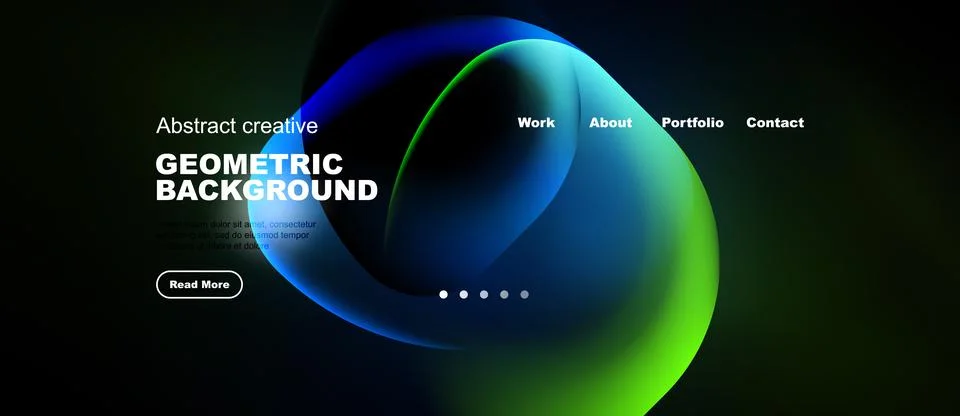 Dark background features vibrant fluid shapes, text elements, navigation menu Stock Illustration