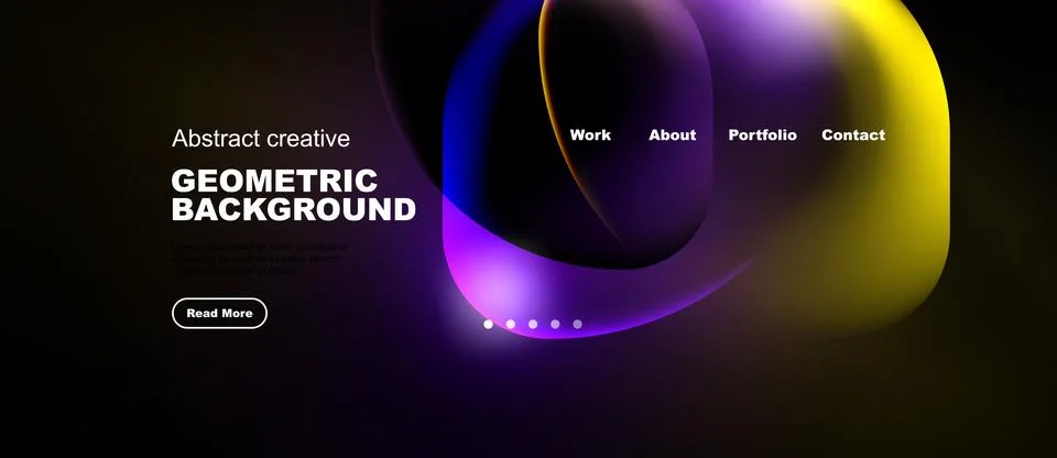 Dark background features vibrant fluid shapes, text elements, navigation op.. Illustrazione stock