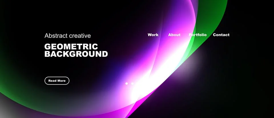 Dark background features vibrant fluid shapes, text elements, navigation op.. Stock Illustration