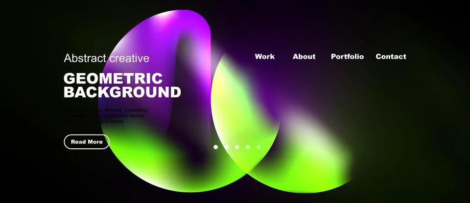 Dark background features vibrant fluid shapes, text elements, navigation menu Stock Illustration
