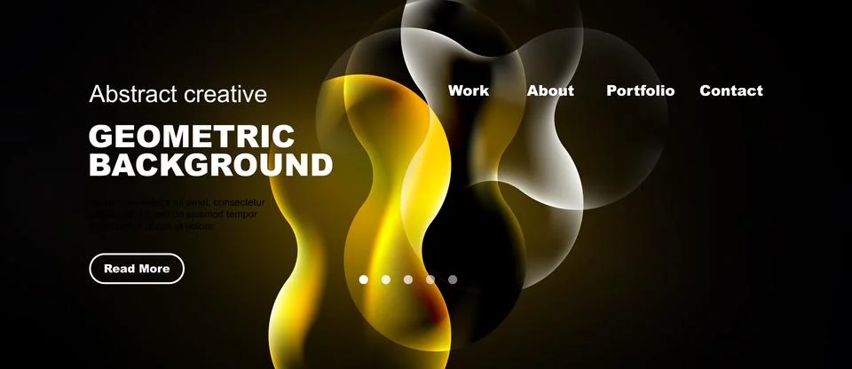 Dark background features vibrant fluid shapes, text elements, navigation menu Stock Illustration