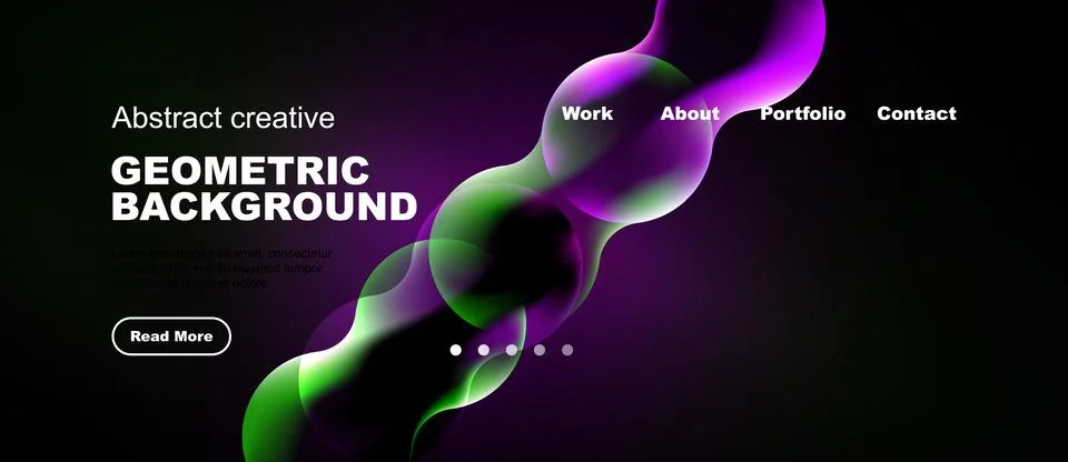 Dark background features vibrant fluid shapes, text elements, navigation menu Stock Illustration